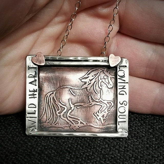 Artisan Hand-Drawn and Etched Copper Horse Pendant, Framed in Sterling Silver, Unique and One of a Kind OOAK, Wild Heart Loving Soul Stamped