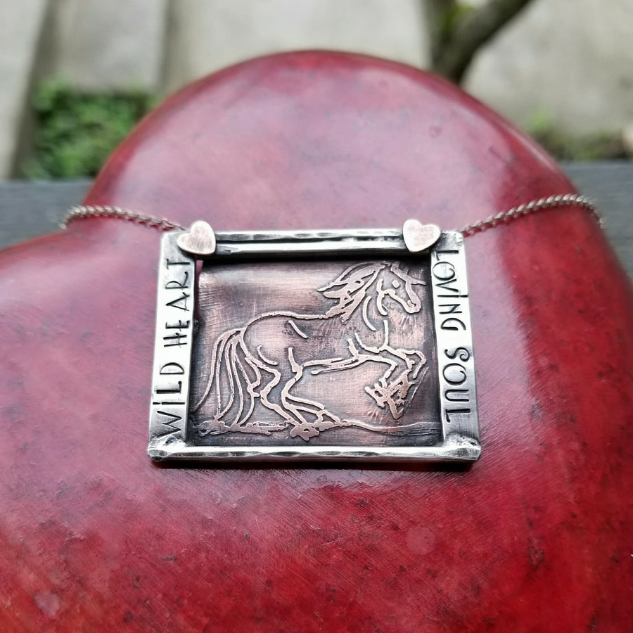 Artisan Hand-Drawn and Etched Copper Horse Pendant, Framed in Sterling Silver, Unique and One of a Kind OOAK, Wild Heart Loving Soul Stamped