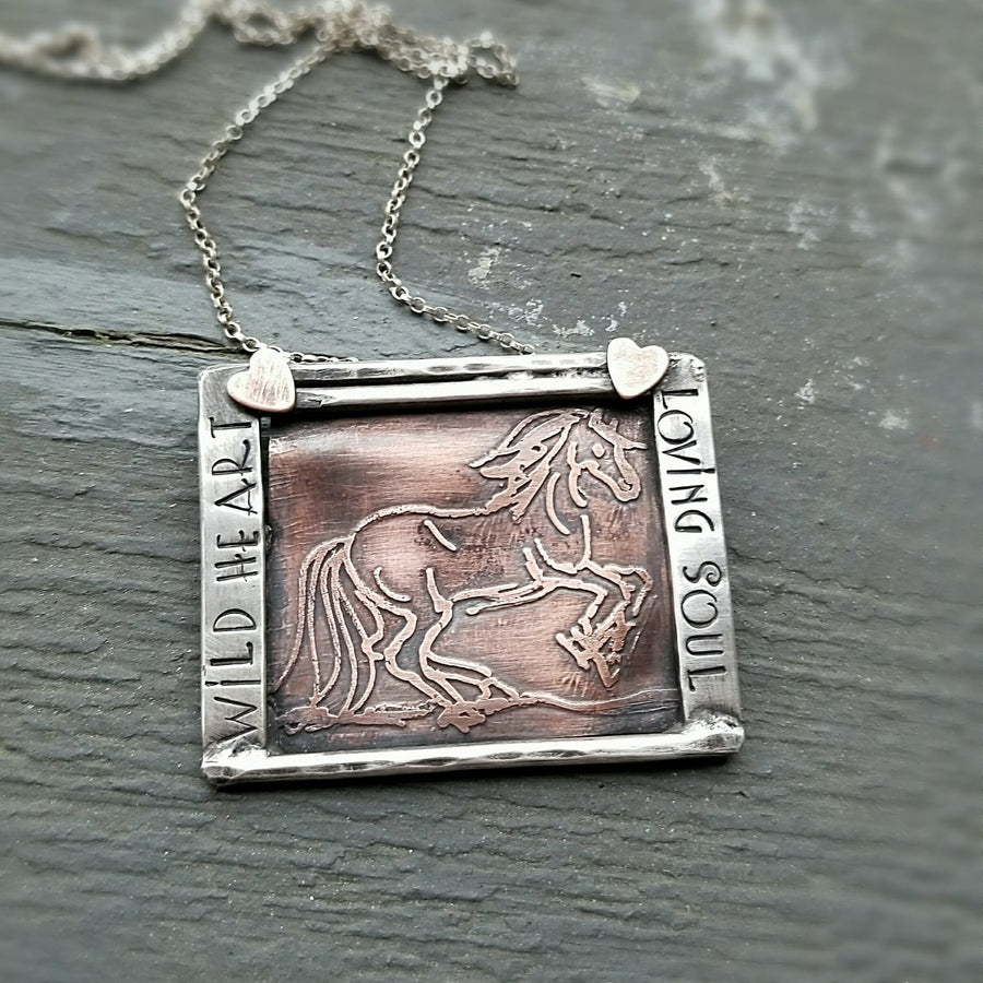 Artisan Hand-Drawn and Etched Copper Horse Pendant, Framed in Sterling Silver, Unique and One of a Kind OOAK, Wild Heart Loving Soul Stamped