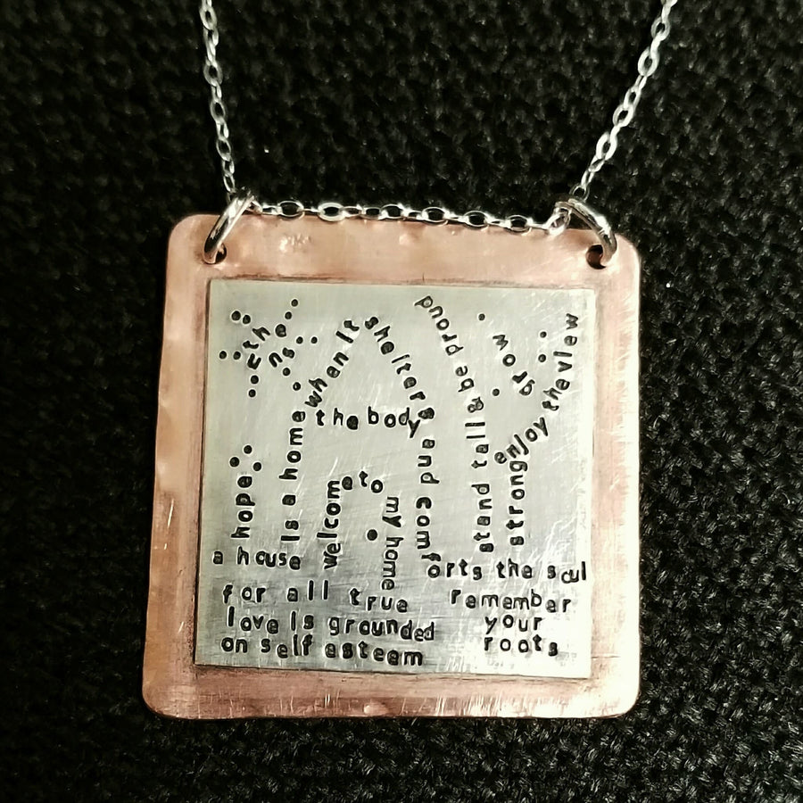 Artisan Stamped Home House Scene Pendant Necklace, Inspirational, Tiny Phrases Form a Picture, Sterling Silver & Copper, One of a Kind ooak