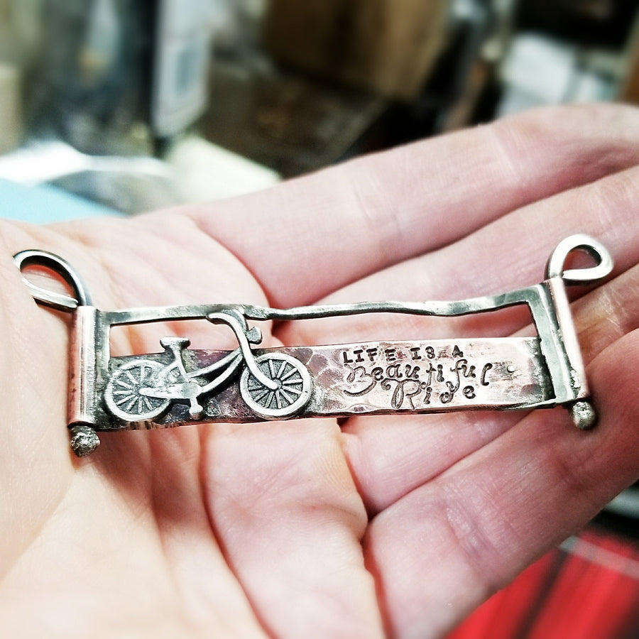 Artisan Sterling Silver Bicycle Cycling Pendant, with Copper Accent, Life is a Beautiful Ride, Unique, One of a Kind OOAK, Rustic, Outdoors