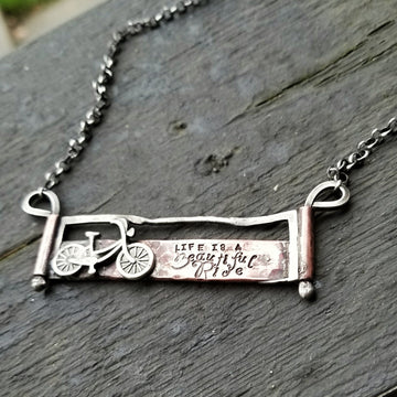 Artisan Sterling Silver Bicycle Cycling Pendant, with Copper Accent, Life is a Beautiful Ride, Unique, One of a Kind OOAK, Rustic, Outdoors