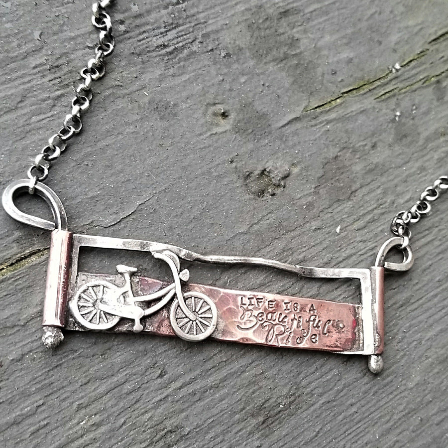 Artisan Sterling Silver Bicycle Cycling Pendant, with Copper Accent, Life is a Beautiful Ride, Unique, One of a Kind OOAK, Rustic, Outdoors