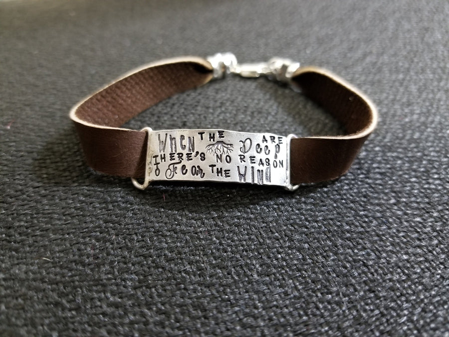 Artisan Sterling Silver Bracelet with Deerskin Leather, Unique, One of a Kind, Inspirational, Phrase Roots, Unisex