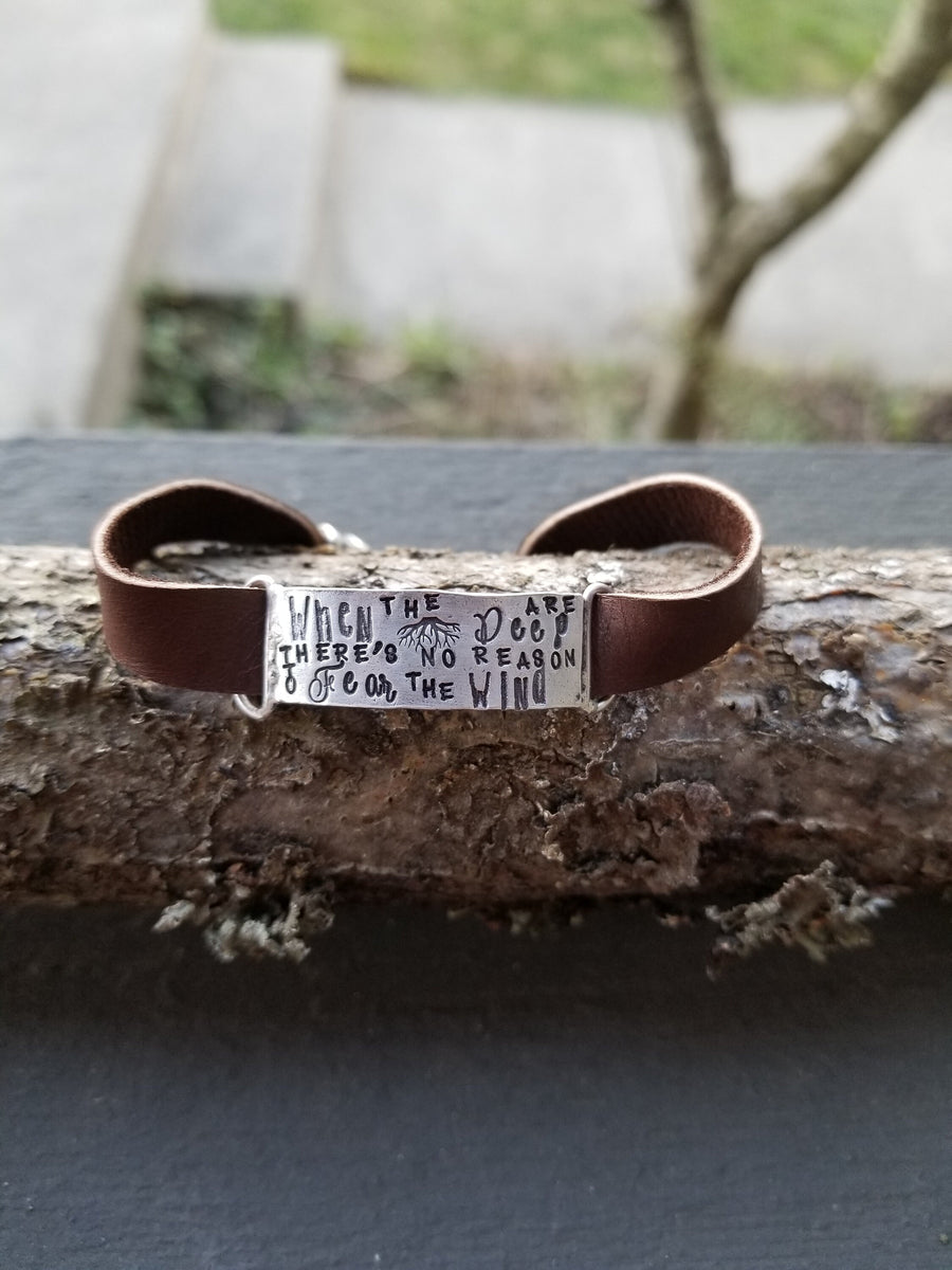 Artisan Sterling Silver Bracelet with Deerskin Leather, Unique, One of a Kind, Inspirational, Phrase Roots, Unisex