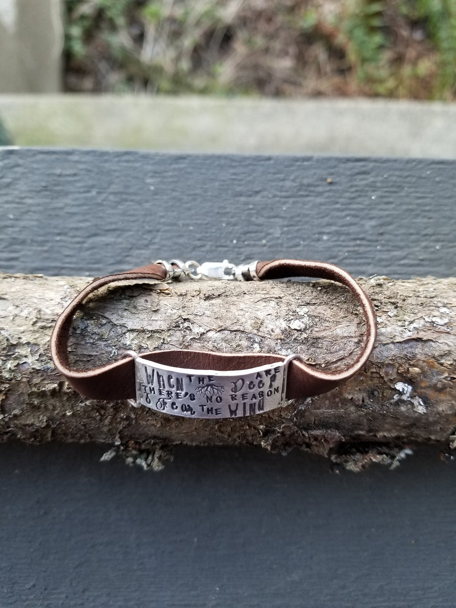 Artisan Sterling Silver Bracelet with Deerskin Leather, Unique, One of a Kind, Inspirational, Phrase Roots, Unisex