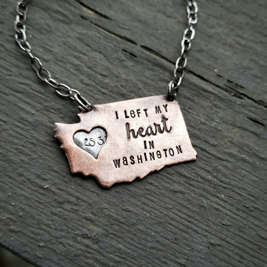 Artisan Sterling Silver and Copper Washington State 253 Pendant Necklace, Left My Heart, Unique, One of a Kind OOAK, Rustic, Outdoors