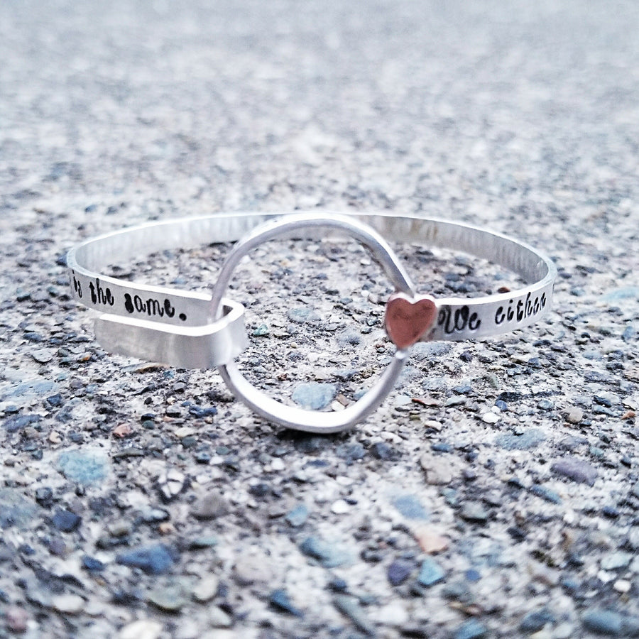 Artisan Sterling Silver Bracelet Cuff, with Hook, with Copper Hearts, Unique, Inspirational, Choose Your Own Words Phrase and Font