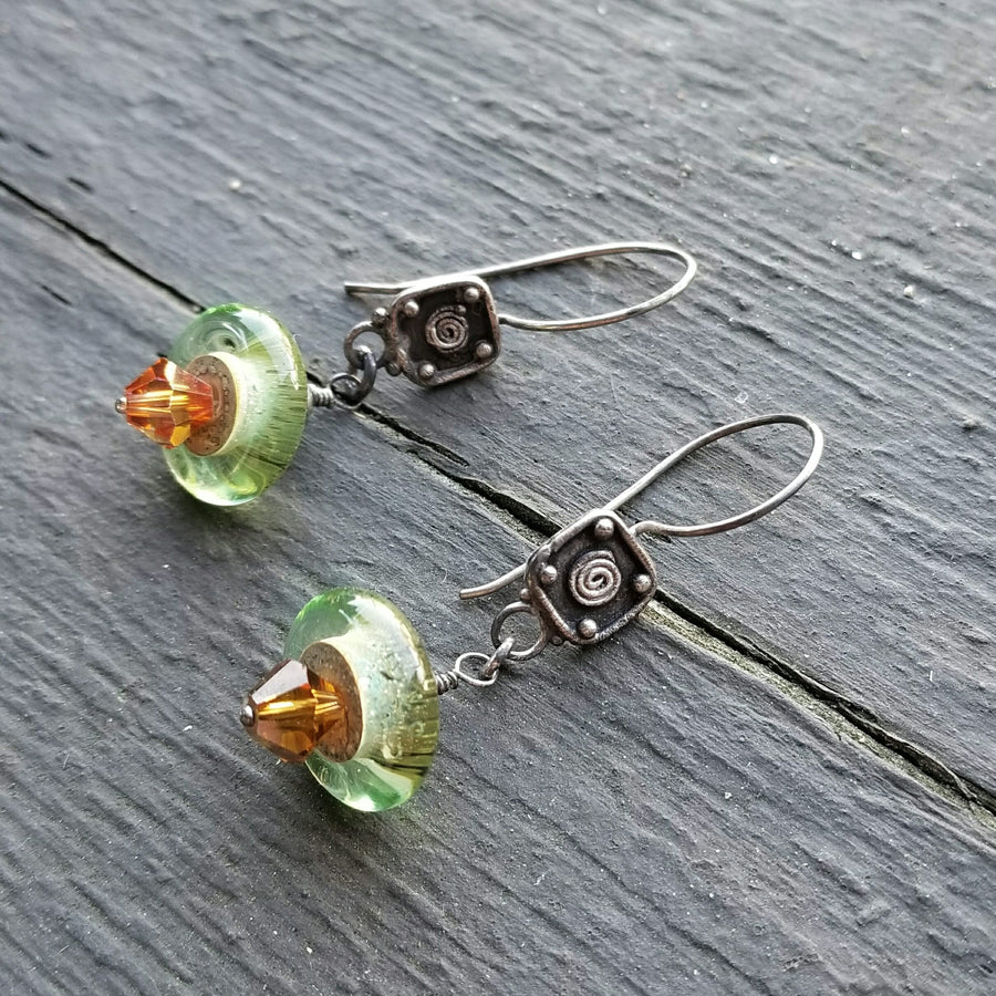 Artisan Sterling Silver, Lampwork Glass, and Swarovski Crystal Earrings with Sterling Earwires, Green and Brown, Unique and One of a Kind