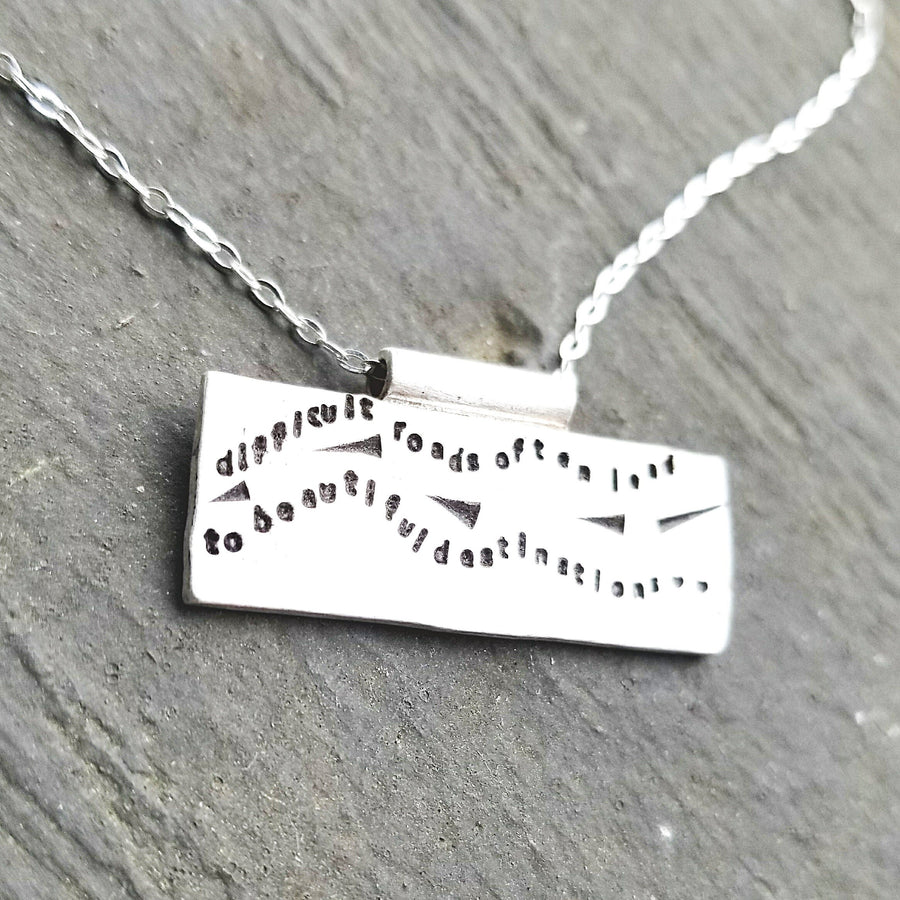 Artisan Stamped Road Highway Street Scene Pendant Necklace, Inspirational, Tiny Phrases Form a Picture, Sterling Silver, Journey, Path