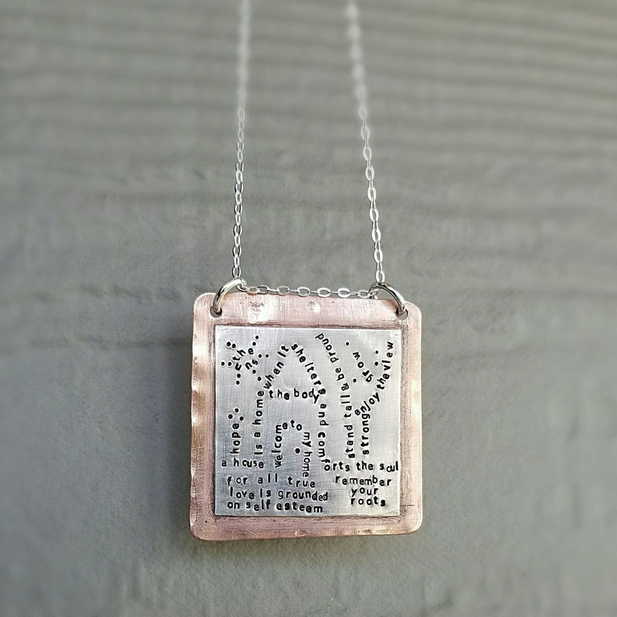 Artisan Stamped Home House Scene Pendant Necklace, Inspirational, Tiny Phrases Form a Picture, Sterling Silver & Copper, One of a Kind ooak