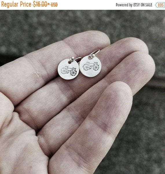 Artisan Sterling Silver Little Stamped Bicycle Earrings, Bike Earrings, Bicyclist Earrings, Minimalist, Ear Wire, Round, Circle