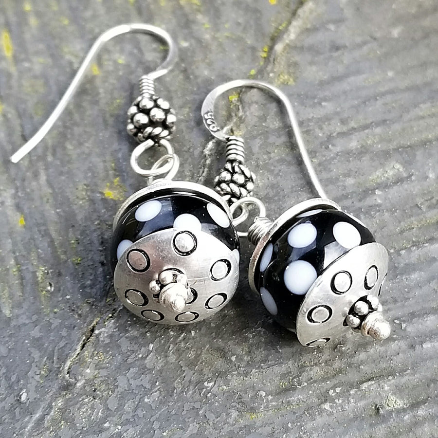 Artisan Sterling Silver & Polka Dot Lampwork Glass Earrings with Sterling Earwires, Black and White, Unique Silver Caps, Bali Ear Wires Hook