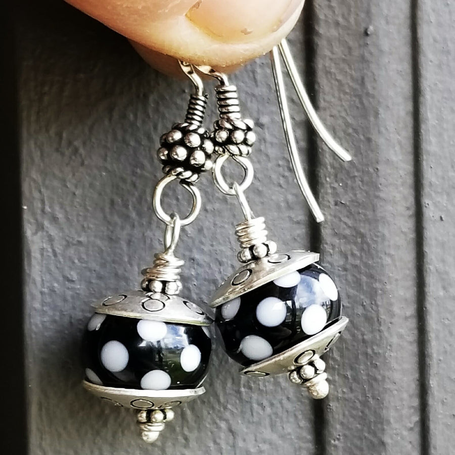 Artisan Sterling Silver & Polka Dot Lampwork Glass Earrings with Sterling Earwires, Black and White, Unique Silver Caps, Bali Ear Wires Hook