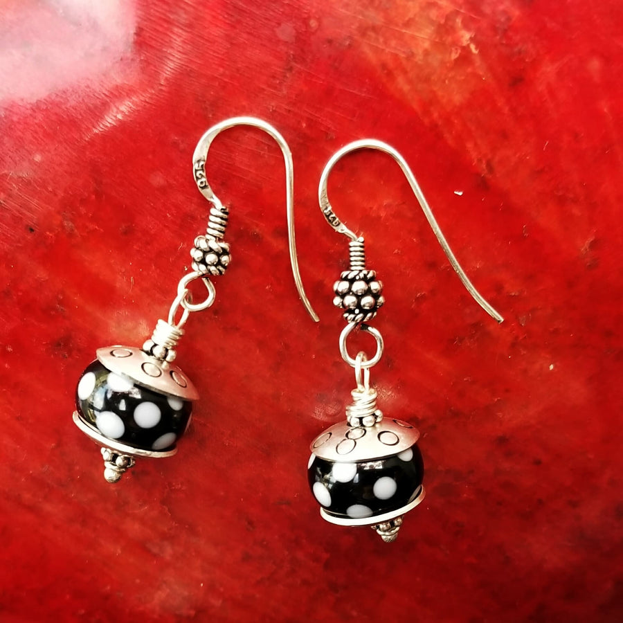 Artisan Sterling Silver & Polka Dot Lampwork Glass Earrings with Sterling Earwires, Black and White, Unique Silver Caps, Bali Ear Wires Hook