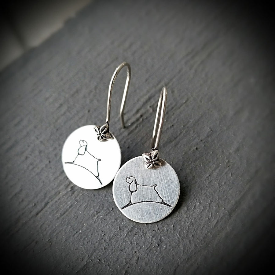 Artisan Sterling Silver Little Stamped Cocker Spaniel Dog Earrings, Spaniel Earrings, Show Dog Earrings, Minimalist, Ear Wire, Round,