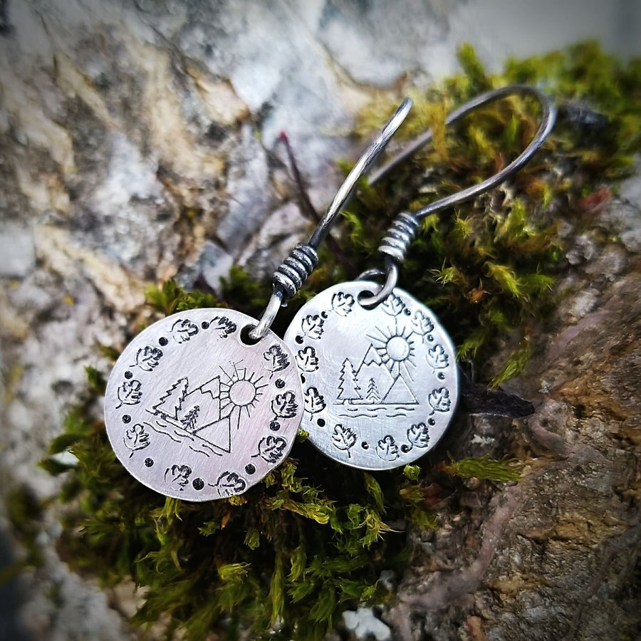 Artisan Sterling Silver Little Stamped Mountain Scene Earrings, Sunset Earrings, Camping Earrings, Minimalist, Ear Wire, Round,