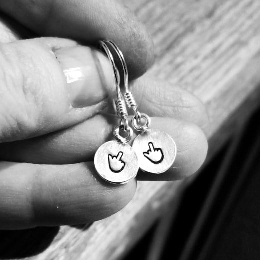 Artisan Sterling Silver Little Stamped Middle Finger Earrings, F*ck Off Earrings, Finger, The Bird, Flip Off Earrings, Minimalist, Round