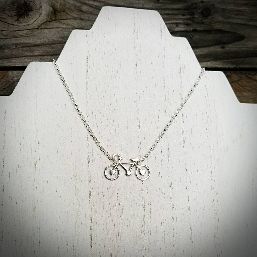 Artisan Sterling Silver Little Bicycle Necklace,  Love Biking,  minimalist,  cycling,  solid sterling silver handmade pendant with hearts