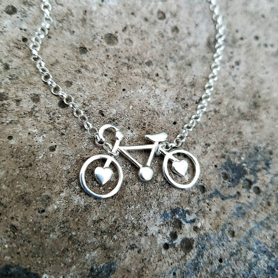 Artisan Sterling Silver Little Bicycle Necklace,  Love Biking,  minimalist,  cycling,  solid sterling silver handmade pendant with hearts