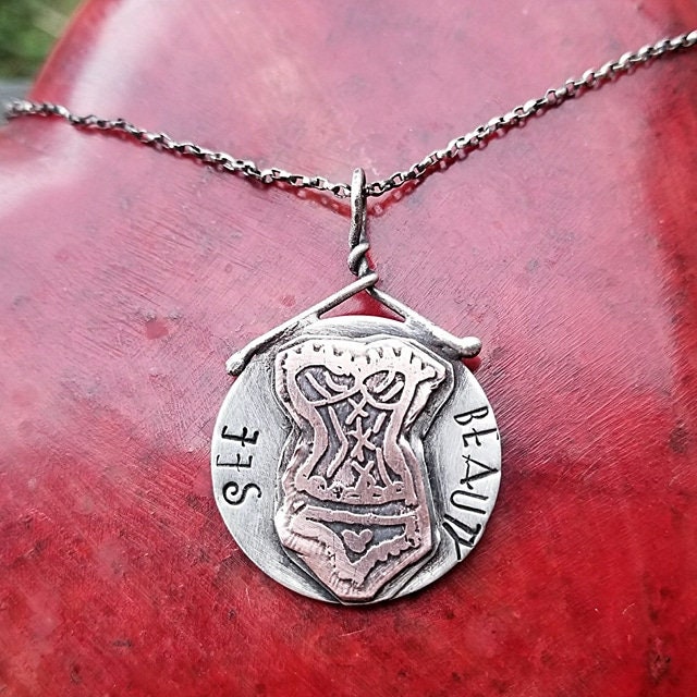 Artisan Corset Pendant, Hand Drawn, Etched and Stamped, See Beauty Necklace in Sterling Silver and Copper, Unique and One of a Kind OOAK