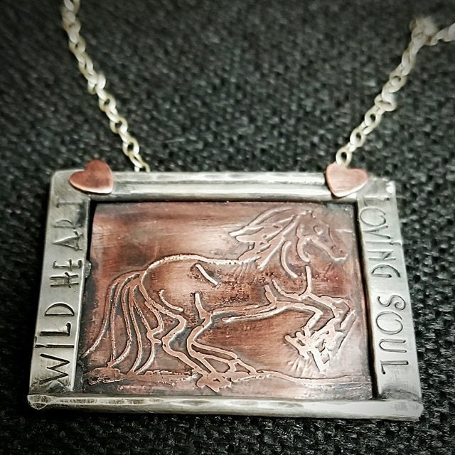 Artisan Hand-Drawn and Etched Copper Horse Pendant, Framed in Sterling Silver, Unique and One of a Kind OOAK, Wild Heart Loving Soul Stamped