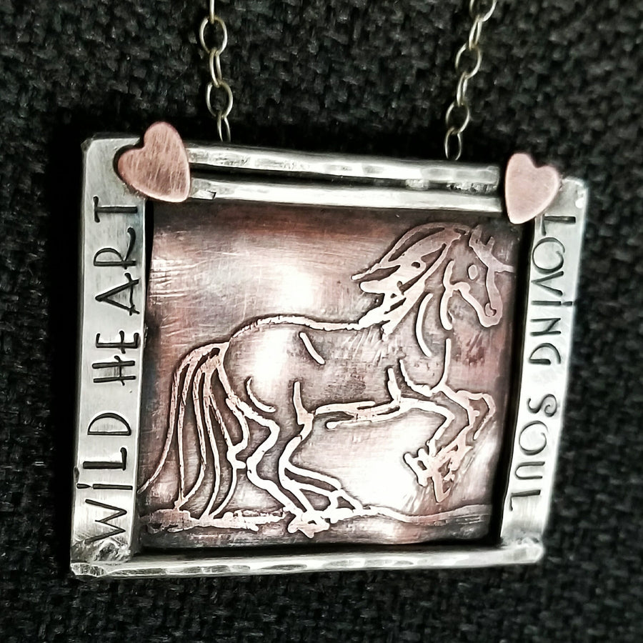 Artisan Hand-Drawn and Etched Copper Horse Pendant, Framed in Sterling Silver, Unique and One of a Kind OOAK, Wild Heart Loving Soul Stamped