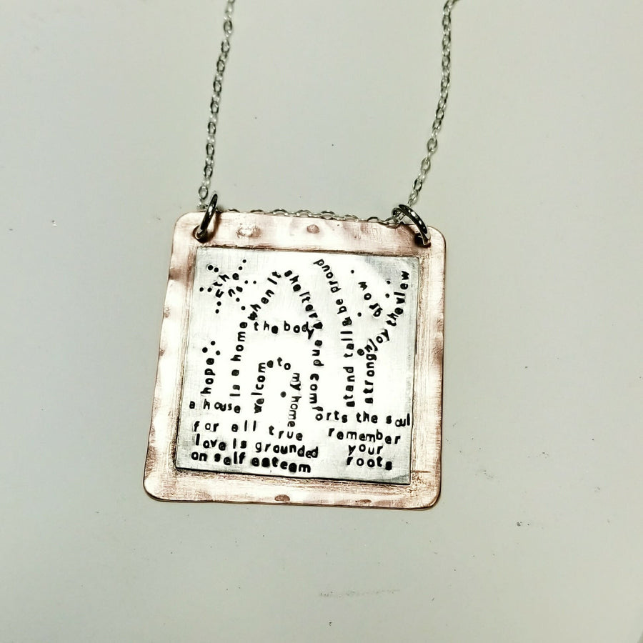 Artisan Stamped Home House Scene Pendant Necklace, Inspirational, Tiny Phrases Form a Picture, Sterling Silver & Copper, One of a Kind ooak