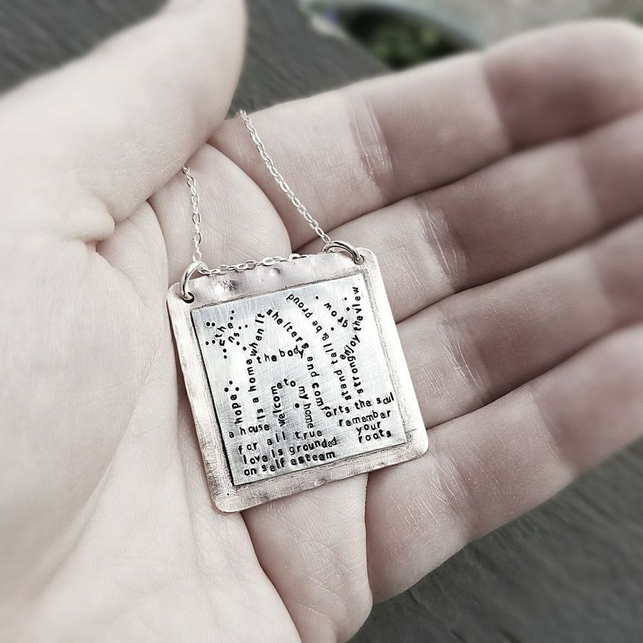 Artisan Stamped Home House Scene Pendant Necklace, Inspirational, Tiny Phrases Form a Picture, Sterling Silver & Copper, One of a Kind ooak