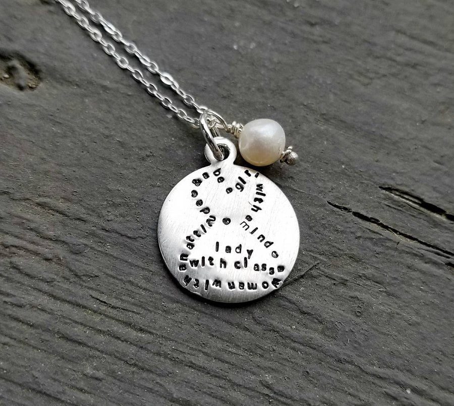 Artisan Sterling Silver Dress Pendant Necklace, Inspirational, Tiny Phrases Form a Picture, Girl Woman Pearl Lady One of a Kind ooak