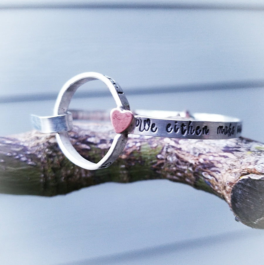 Artisan Sterling Silver Bracelet Cuff, with Hook, with Copper Hearts, Unique, Inspirational, Choose Your Own Words Phrase and Font