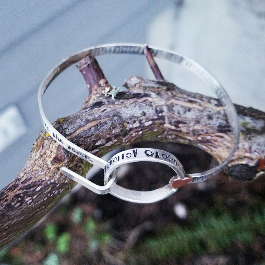 Artisan Sterling Silver Bracelet Cuff, with Hook, with Copper Hearts, Unique, Inspirational, Choose Your Own Words Phrase and Font