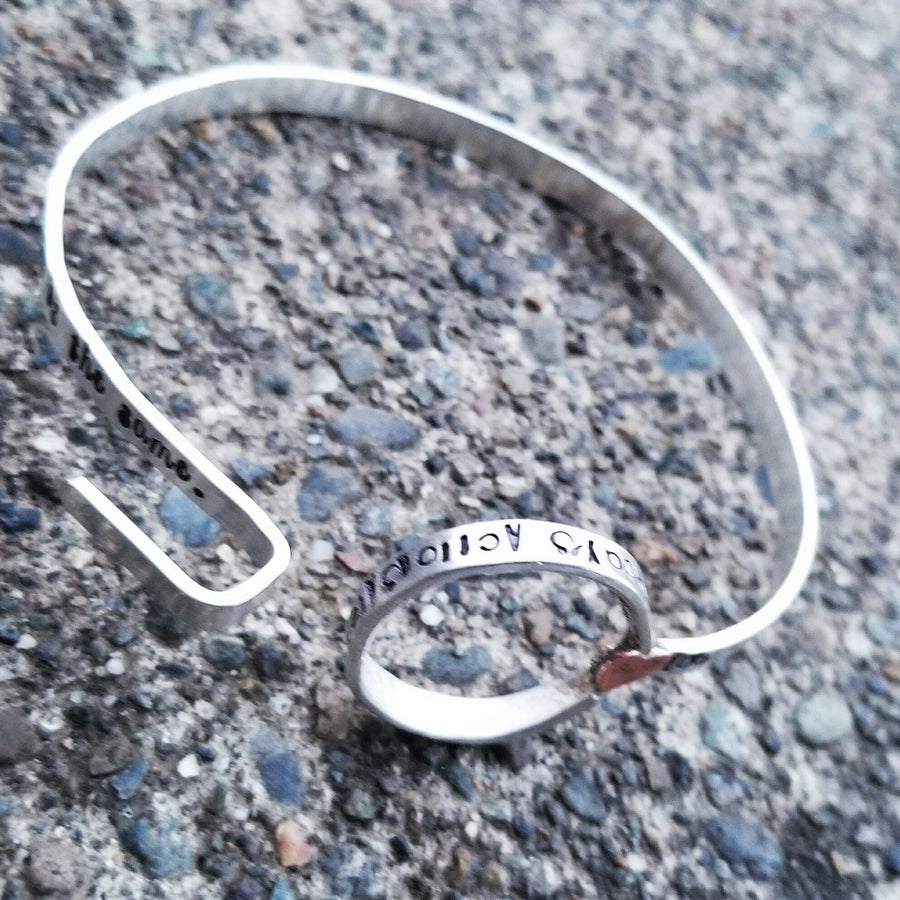 Artisan Sterling Silver Bracelet Cuff, with Hook, with Copper Hearts, Unique, Inspirational, Choose Your Own Words Phrase and Font