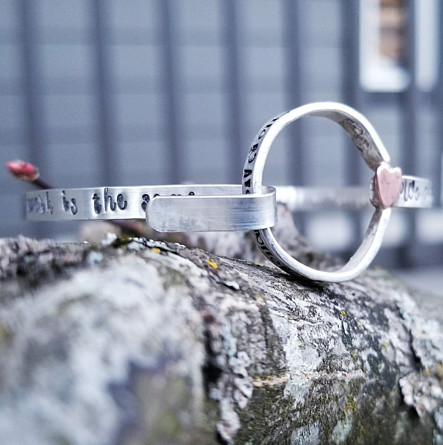 Artisan Sterling Silver Bracelet Cuff, with Hook, with Copper Hearts, Unique, Inspirational, Choose Your Own Words Phrase and Font