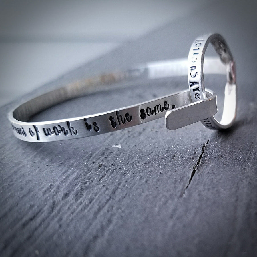 Artisan Sterling Silver Bracelet Cuff, with Hook, with Copper Hearts, Unique, Inspirational, Choose Your Own Words Phrase and Font