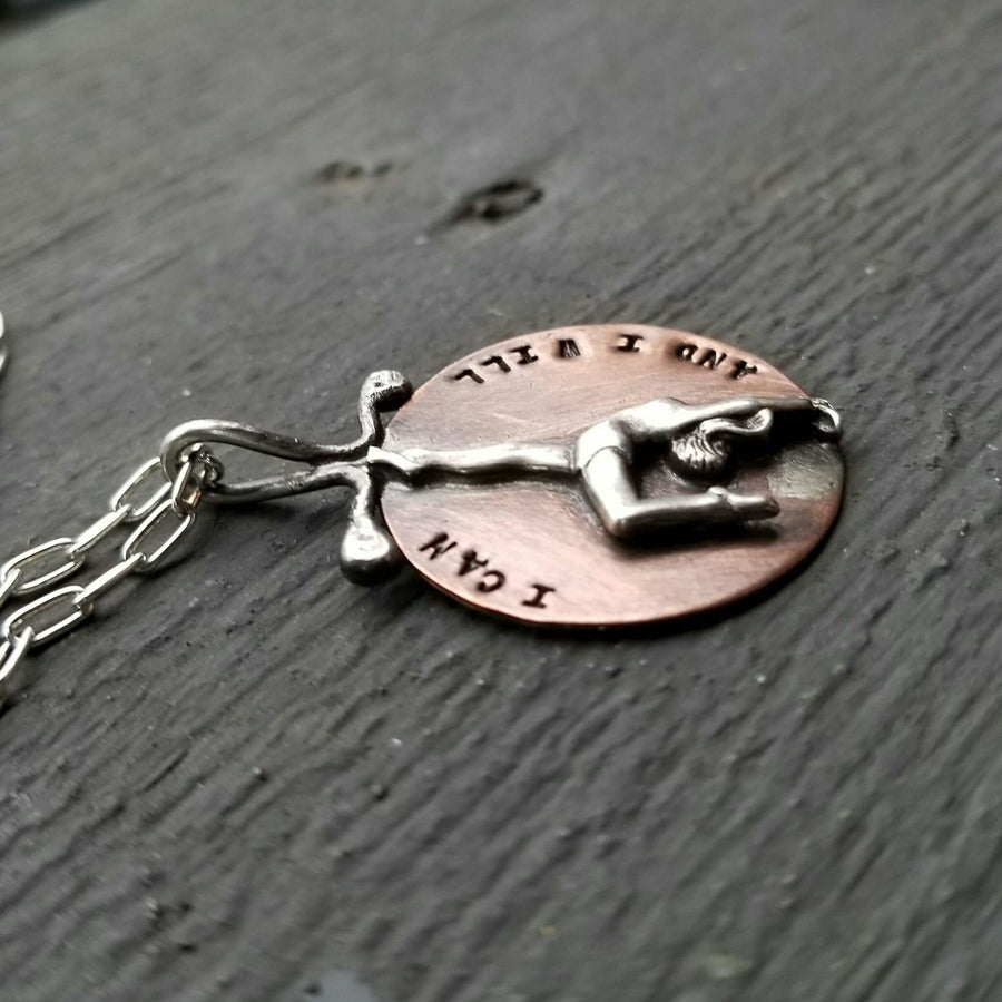 Artisan Sterling Silver Gymastics Gymnast Pendant Necklace, with Copper Accent,I Can and I Will, Unique, One of a Kind OOAK, Hand Stamped