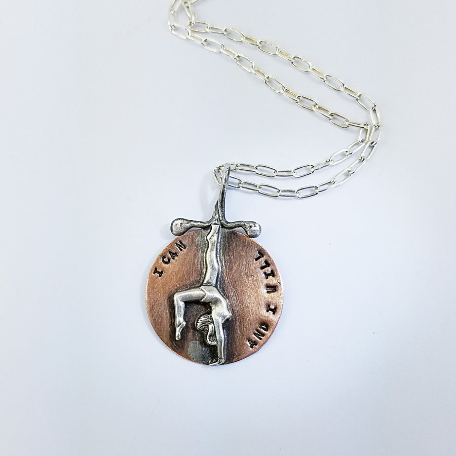 Artisan Sterling Silver Gymastics Gymnast Pendant Necklace, with Copper Accent,I Can and I Will, Unique, One of a Kind OOAK, Hand Stamped