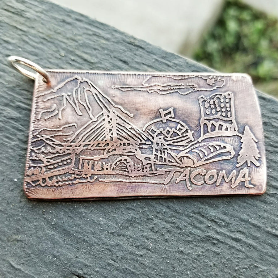 Artisan Etched and Stamped Copper One of a Kind TACOMA WASHINGTON Wallet Card or Key Chain Key Ring Keyring 253 Rainier Dome Ferries Museum