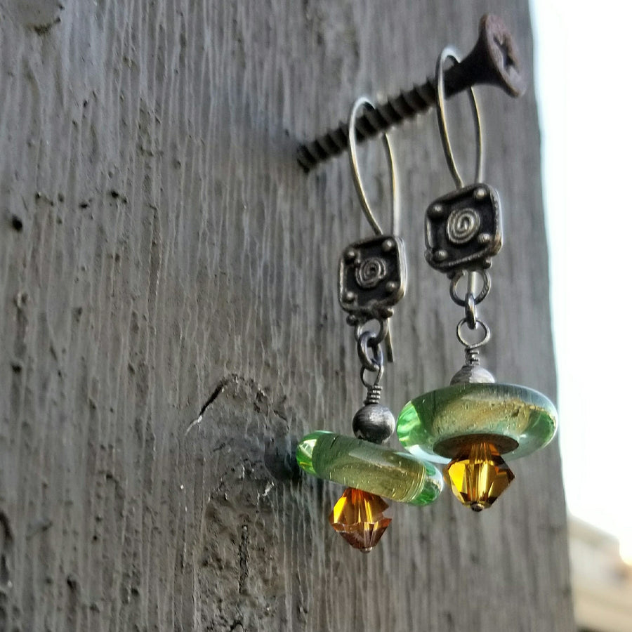 Artisan Sterling Silver, Lampwork Glass, and Swarovski Crystal Earrings with Sterling Earwires, Green and Brown, Unique and One of a Kind