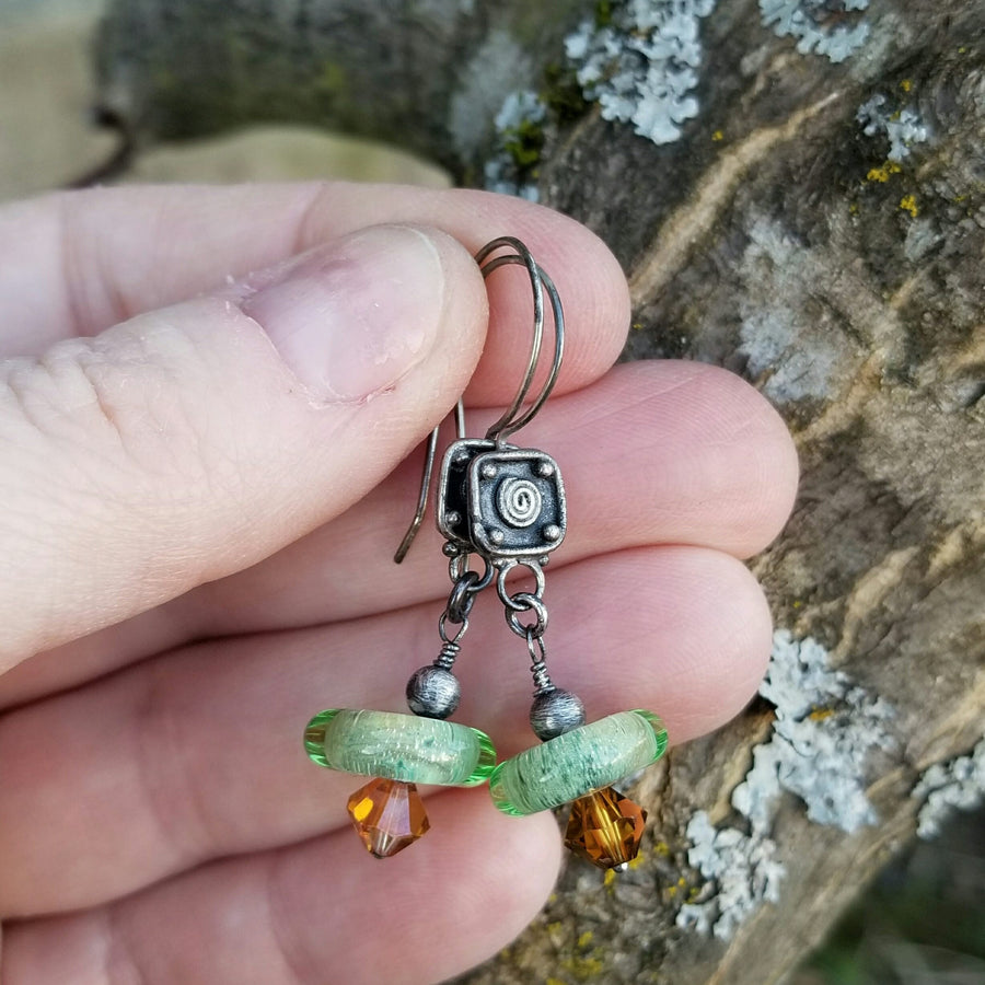 Artisan Sterling Silver, Lampwork Glass, and Swarovski Crystal Earrings with Sterling Earwires, Green and Brown, Unique and One of a Kind