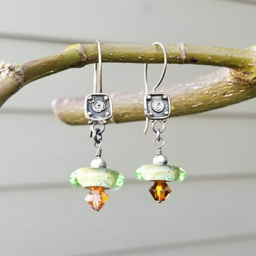 Artisan Sterling Silver, Lampwork Glass, and Swarovski Crystal Earrings with Sterling Earwires, Green and Brown, Unique and One of a Kind