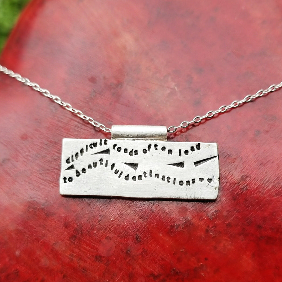 Artisan Stamped Road Highway Street Scene Pendant Necklace, Inspirational, Tiny Phrases Form a Picture, Sterling Silver, Journey, Path