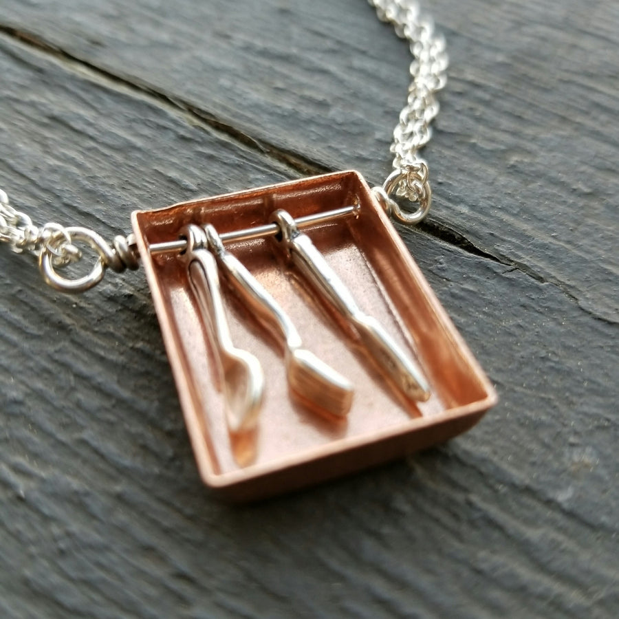 Artisan Sterling Silver & Copper Silverware Pendant Necklace, Chef Gift, Foodie Gift, Culinary Quirky Funky, One of a Kind, Fork Knift Spoon