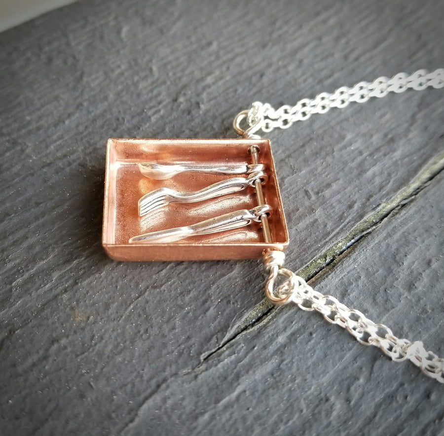 Artisan Sterling Silver & Copper Silverware Pendant Necklace, Chef Gift, Foodie Gift, Culinary Quirky Funky, One of a Kind, Fork Knift Spoon