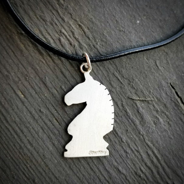 Artisan Sterling Silver Knight Chess Piece Cutout Pendant Necklace, Unique, Chessmaster, Can Be Personalized, Choice of Leather or Chain