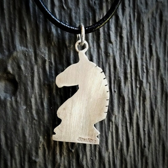 Artisan Sterling Silver Knight Chess Piece Cutout Pendant Necklace, Unique, Chessmaster, Can Be Personalized, Choice of Leather or Chain