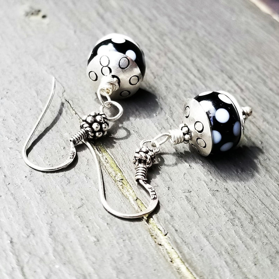 Artisan Sterling Silver & Polka Dot Lampwork Glass Earrings with Sterling Earwires, Black and White, Unique Silver Caps, Bali Ear Wires Hook