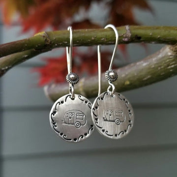 Artisan Sterling Silver Little Stamped Camper Earrings, Trailer Earrings, Camping Earrings, Minimalist, Ear Wire, Round,