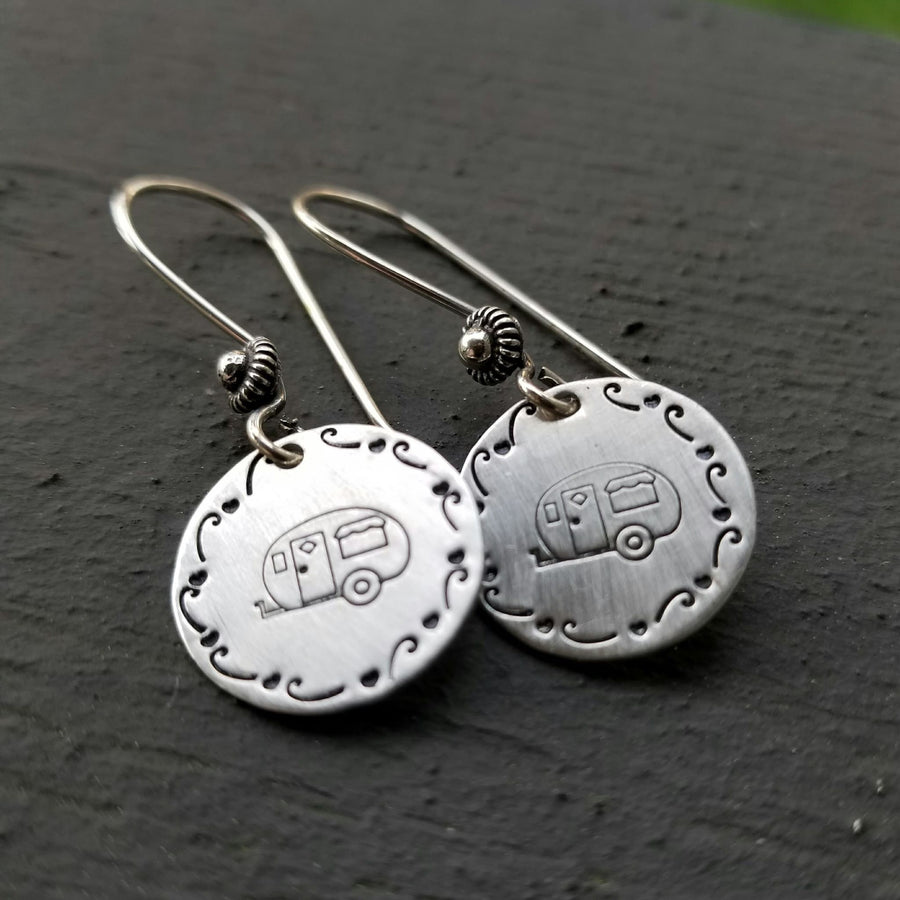 Artisan Sterling Silver Little Stamped Camper Earrings, Trailer Earrings, Camping Earrings, Minimalist, Ear Wire, Round,