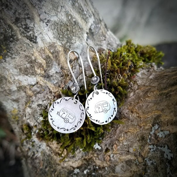 Artisan Sterling Silver Little Stamped Camper Earrings, Trailer Earrings, Camping Earrings, Minimalist, Ear Wire, Round,